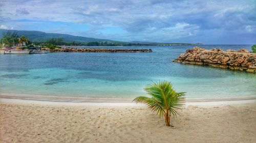 Scenic view of beach against cloudy sky