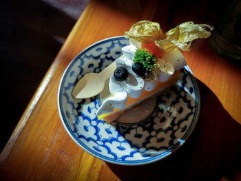 High angle view of dessert served on table