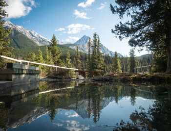 Beautiful nature scenery with mountains reflected in small pond,ink pots, banff np,alberta, canada