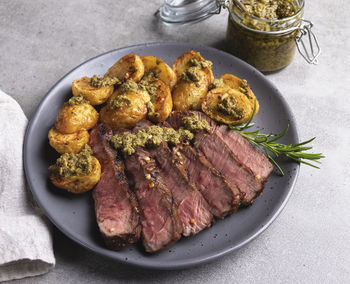 High angle view of food in plate on table