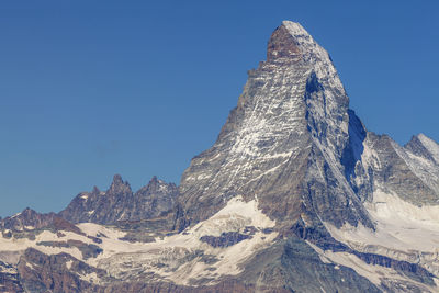 Scenic view of snowcapped mountains against clear blue sky