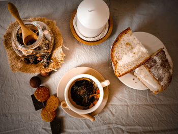 High angle view of breakfast on table