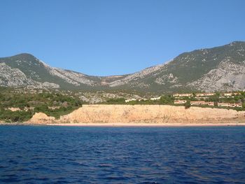 Scenic view of lake against clear blue sky