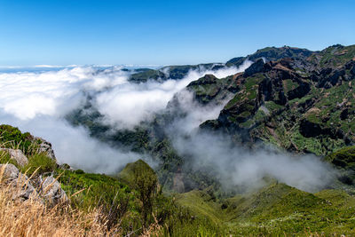 Scenic view of waterfall against sky