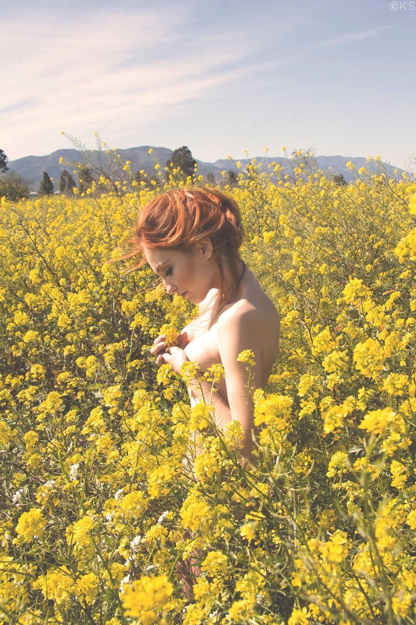 yellow, sky, flower, field, one animal, one person, animal themes, plant, nature, domestic animals, rural scene, growth, sunlight, beauty in nature, agriculture, cloud, cloud - sky, landscape, standing, mammal