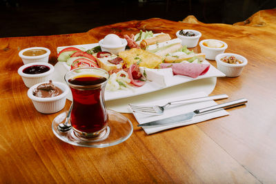 High angle view of breakfast served on table