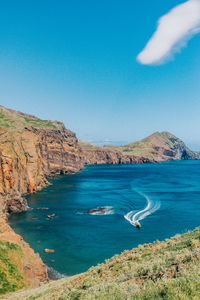 Scenic view of sea against clear blue sky