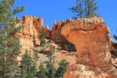 Low angle view of rocky mountains against clear sky