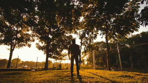 Rear view of man standing on field against trees