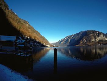 Scenic view of lake and mountains against clear blue sky