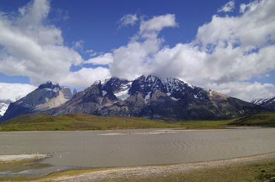 Scenic view of snowcapped mountains against sky