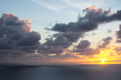 Scenic view of sea against cloudy sky during sunset