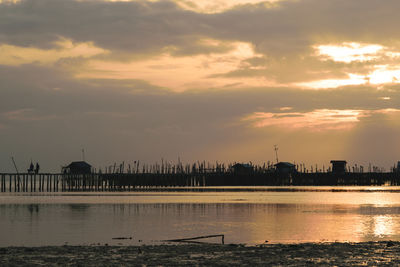 Scenic view of river against cloudy sky during sunset