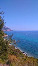 Scenic view of sea against clear blue sky