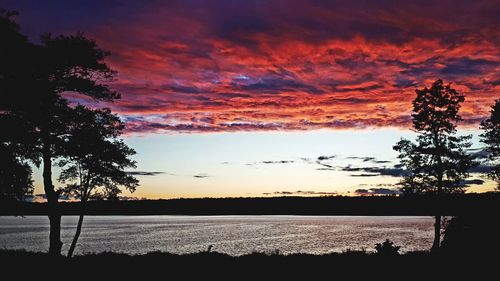 Silhouette trees on field against romantic sky at sunset