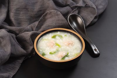 High angle view of soup in bowl on table