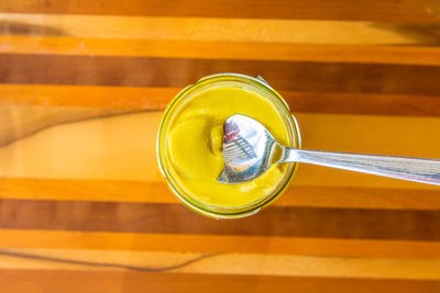 High angle view of drink on table