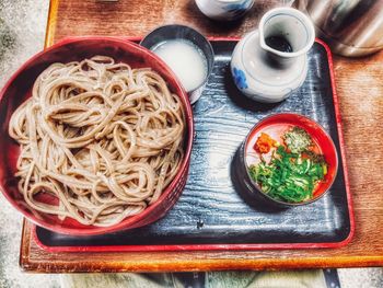 High angle view of noodles in bowl on table