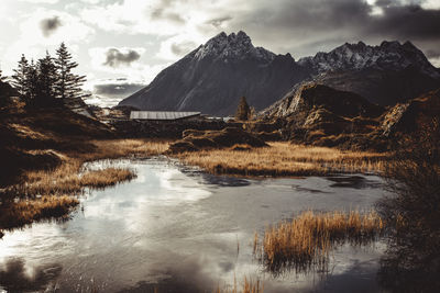 Calm lake in autumn in the lofoten islands with snowy mountains