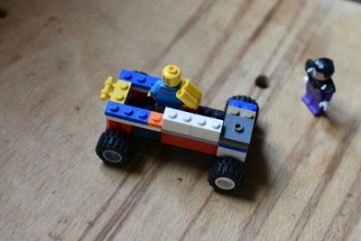 High angle view of toy car on table