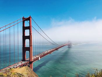 View of suspension bridge in city