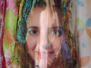 Double exposure of woman and scarves