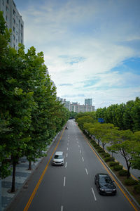 Road amidst trees against sky in city