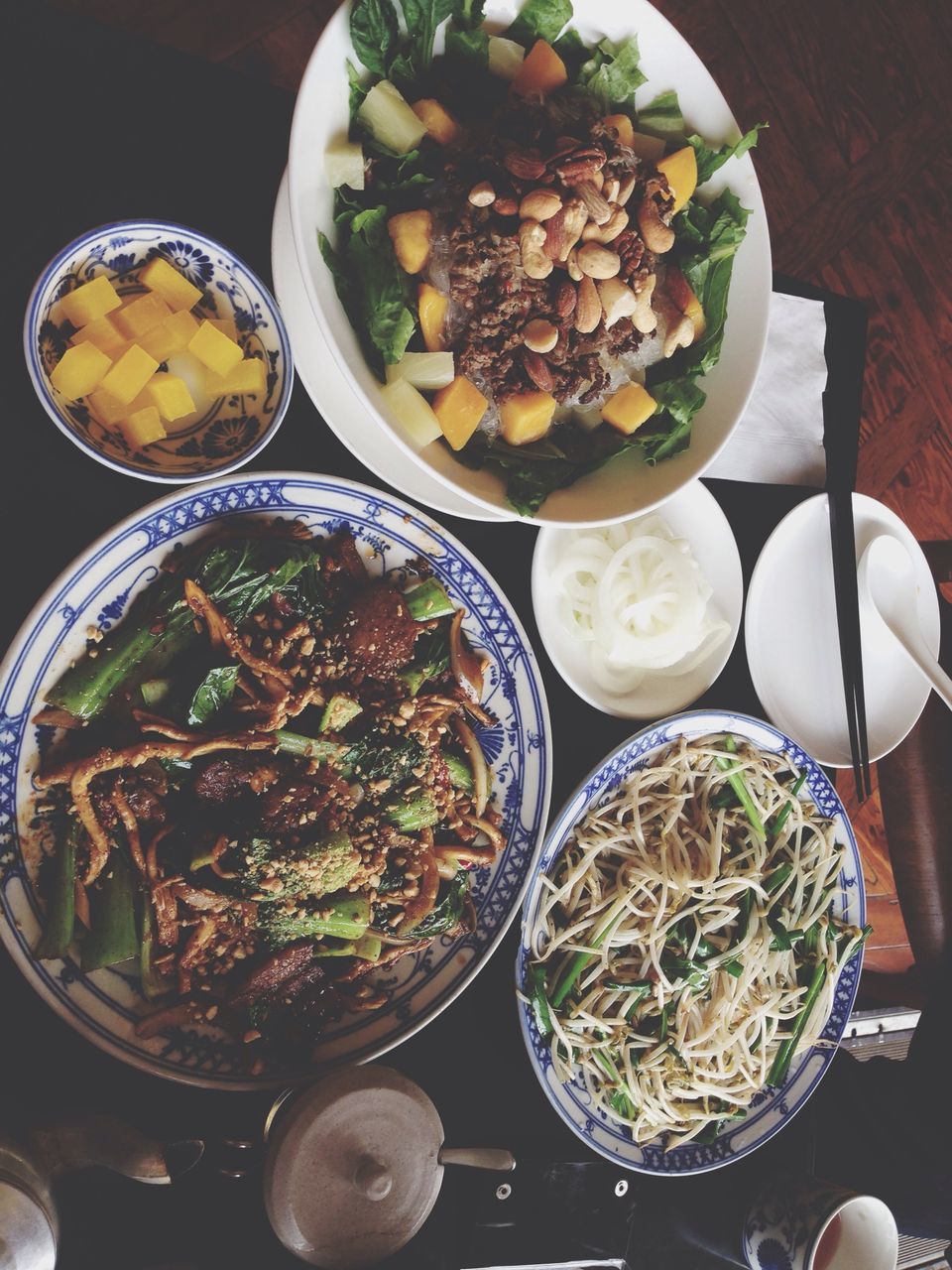 food and drink, food, indoors, freshness, ready-to-eat, plate, table, healthy eating, bowl, meal, still life, high angle view, serving size, salad, vegetable, meat, served, directly above, chopsticks, soup