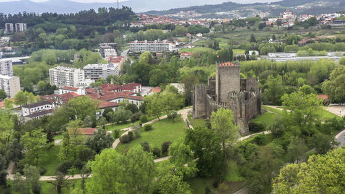 High angle view of buildings in town