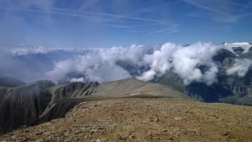 Panoramic view of volcanic landscape against sky