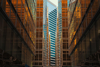 Low angle view of modern glass buildings in city