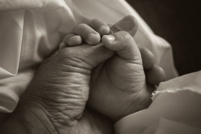Close-up of father holding baby boy hand