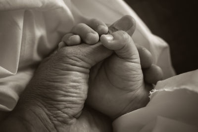 Close-up of father holding baby boy hand