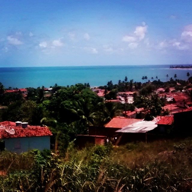 sea, horizon over water, sky, building exterior, water, built structure, architecture, high angle view, house, tree, beach, plant, nature, tranquil scene, growth, town, scenics, cloud - sky, residential structure, tranquility