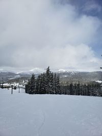 Snow covered land against sky