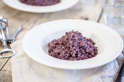High angle view of ice cream in bowl on table