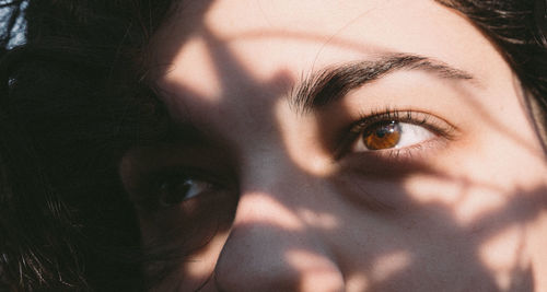 Close-up of woman with brown eyes in sunlight