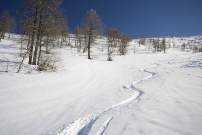 Snow covered field against sky