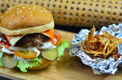 Close-up of burger on table