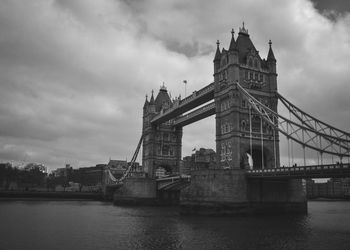 Low angle view of suspension bridge over river against cloudy sky