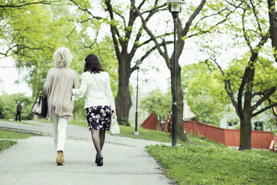 Rear view of senior female friends walking at garden path