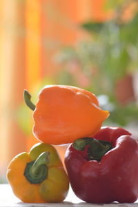 Close-up of red bell peppers on plant