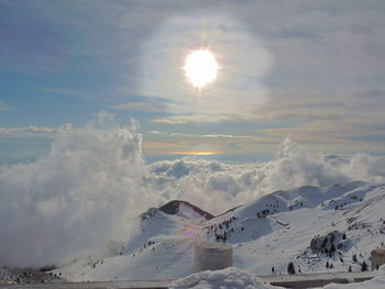 Scenic view of snow covered mountains against sky during sunset