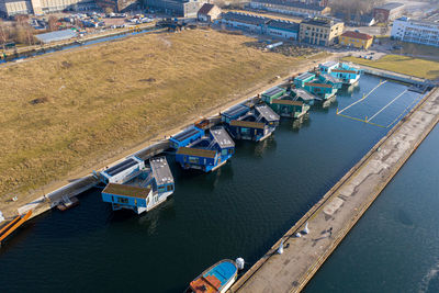 High angle view of ship moored at harbor