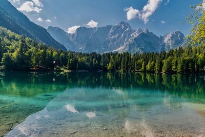 Scenic view of lake by mountains against sky