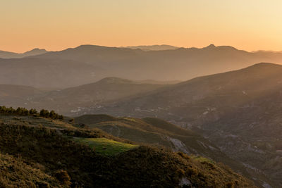 Scenic view of mountains against sky during sunset