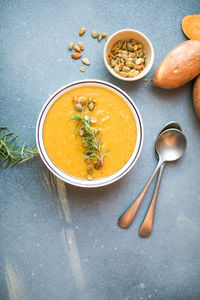 High angle view of soup in bowl on table