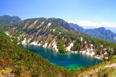 High angle view of lake and mountains against sky