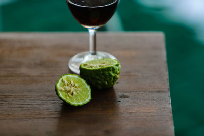 Close-up of cocktail in glass on table