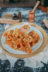 High angle view of food in plate on table